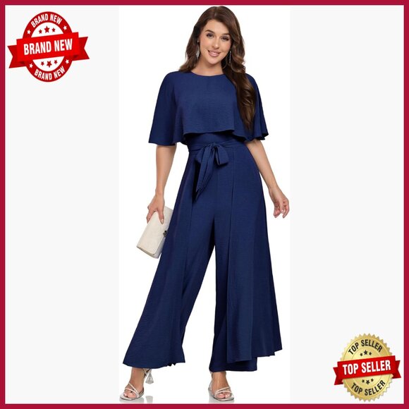 Pants - Formal Jumpsuit Cape Sleeve Wide Leg Belted Maxi One-Piece Evening Wear